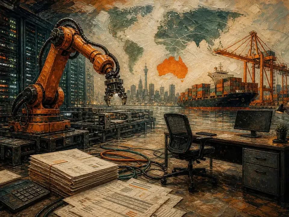 Textured oil painting about artificial intelligence, employment costs and cross-border work