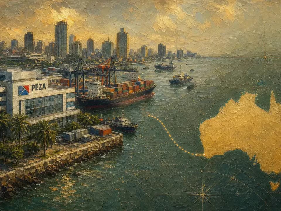 Textured oil painting of Manila trade links and Australian permanent-establishment risk