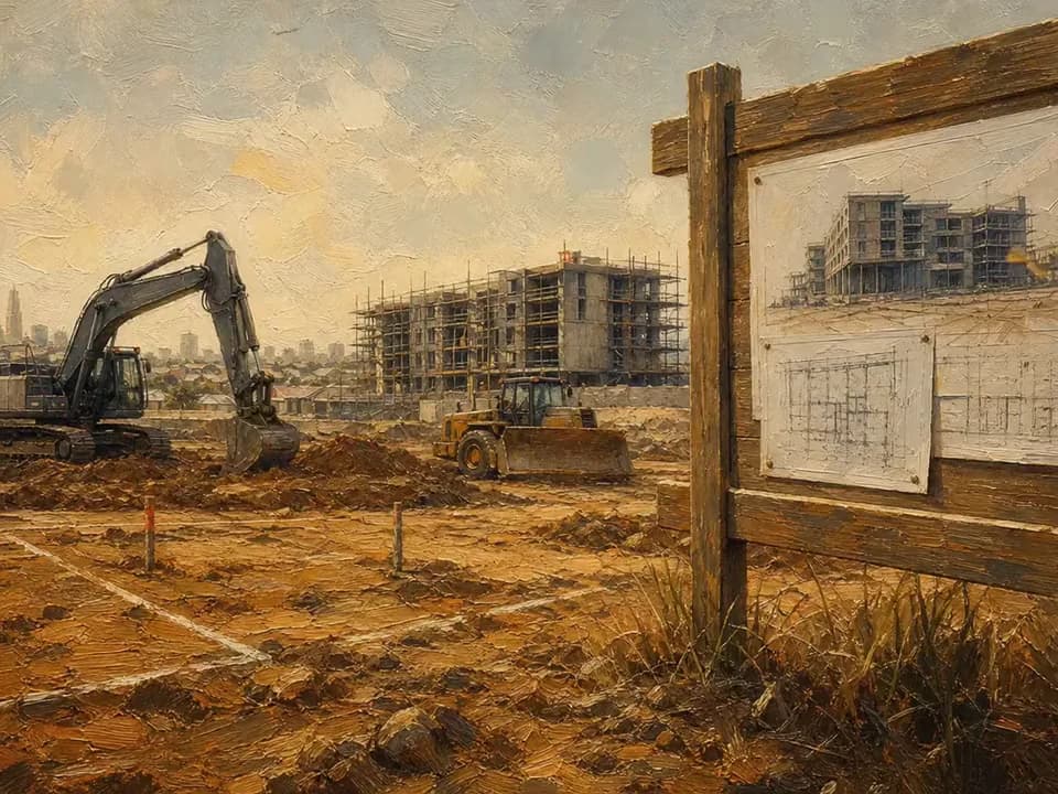 Textured oil painting of a property development site and construction plans